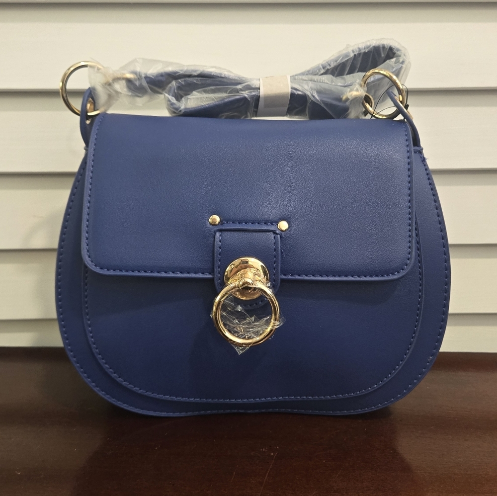 Badgley Mischka Royal Blue Saddle Bag with Gold Hardware